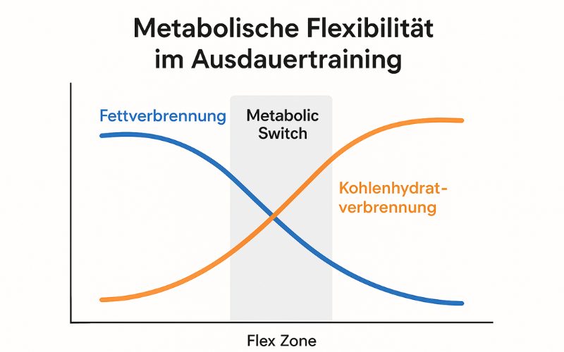 Infografik zu metabolischer Flexibilität im Ausdauertraining: Vergleich von Fettverbrennung (blaue Kurve) und Kohlenhydratverbrennung (orange Kurve) mit Flex Zone und Metabolic Switch.