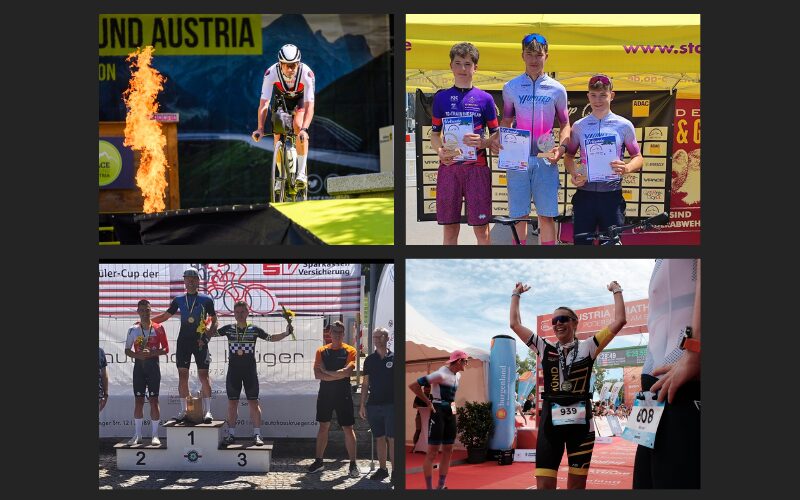 Vierer-Collage mit Athleten aus Triathlon, Straßenradsport, MTB und Ultra-Cycling aus der Saison 2026